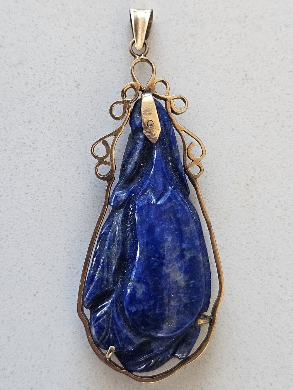 Vintage Chinese Export 14k Yellow Gold Carved Blue Lapis Lazuli Pendant